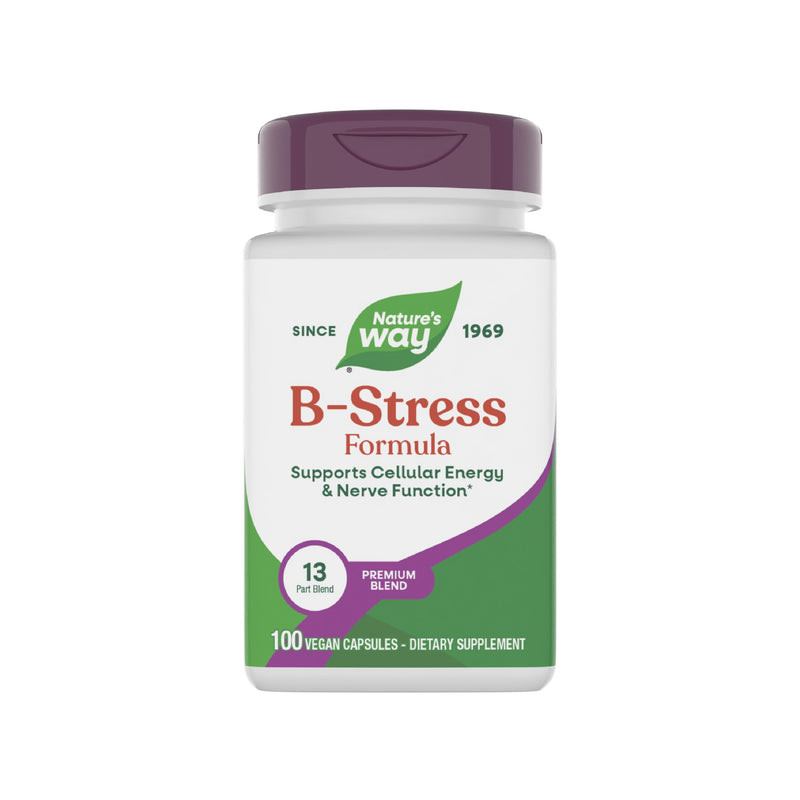 Nature's Way B-Stress Formula, Supports Cellular Energy & Nerve Function*, with Vitamins C, B12, Vitamin B6 & More, Gluten Free, 100 Vegan Capsules (Packaging May Vary)
