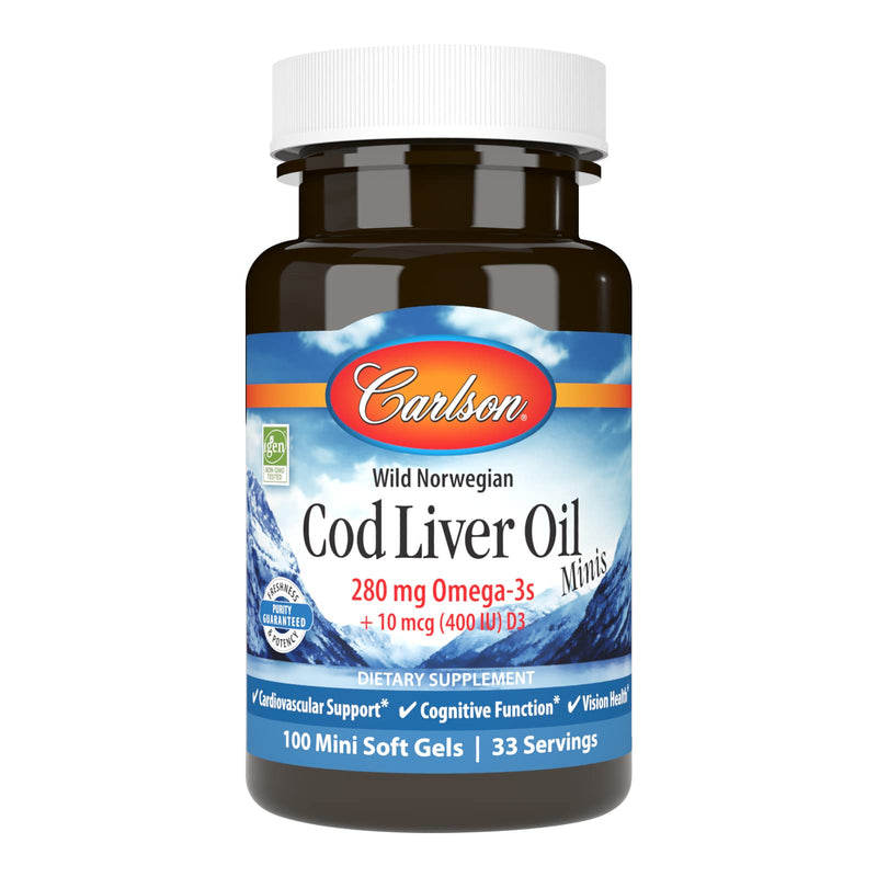 Carlson Cod Liver Oil Minis, 280 mg, from Norway, 100 Mini Softgels | Omega-3s + Vitamins A and D3; Wild Caught; Sustainably Sourced 100 Count (Pack of 1)