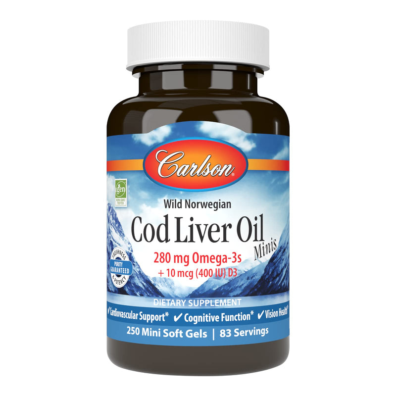 Carlson Cod Liver Oil Minis, 280 mg, From Norway, 250 Mini Softgels | Omega-3s + Vitamins A and D3; Wild Caught; Sustainably Sourced 250 Count (Pack of 1)
