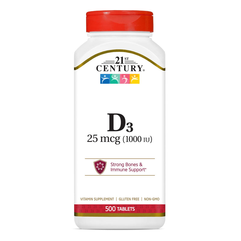 21st Century Vitamin D3 1000 IU Tablets, Bone & Immune, 500 Count | Vitamin D3 1000 IU Tablets, Bone Health & Immune System Support & Calcium Absorption, Gluten Free, Value 500-count Bottle
