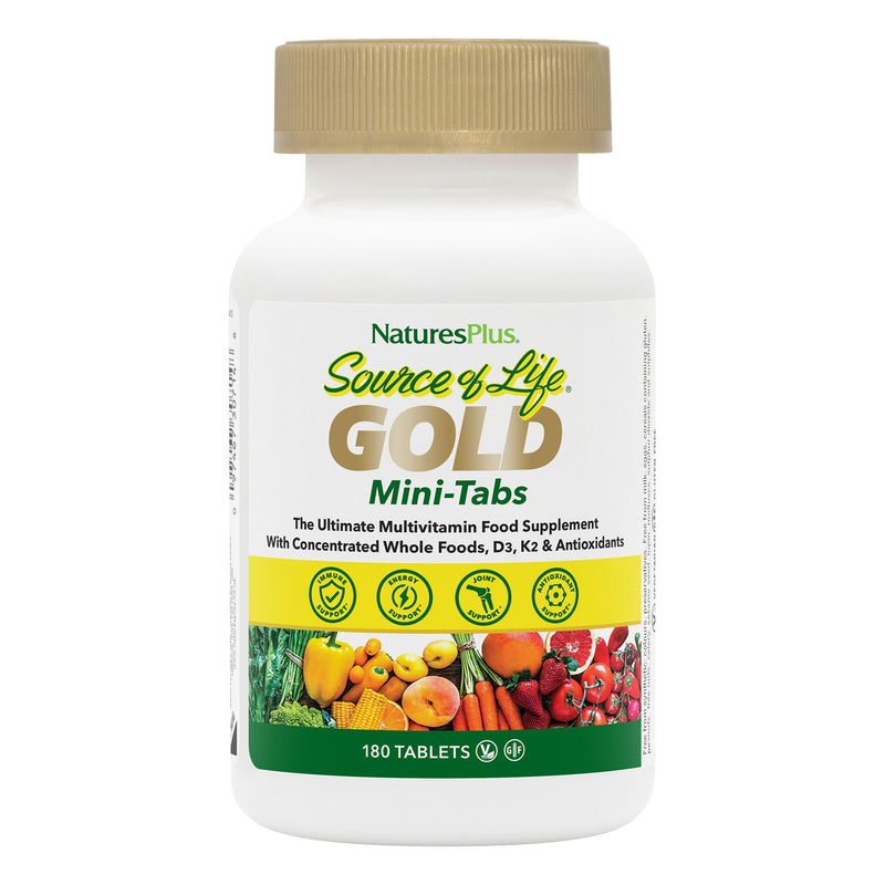 NaturesPlus Source of Life GOLD Multivitamin - 180 Mini-Tabs - With Vitamins D3, B12 & K2 - Blood, Bone & Immune Support - Vegetarian & Gluten Free - 30 Servings 180 Count (Pack of 1)