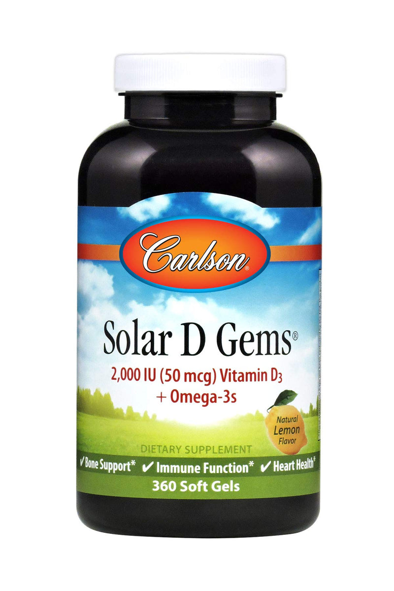 Carlson - Solar D Gems, Vitamin D3 and Omega-3 Supplement, 2000 IU Vitamin D3, 115 mg Omega-3s EPA and DHA, Vitamin D Fish Oil Capsule, Bone & Immune Health, Vitamin D Supplement, Lemon, 360 Softgels 360 Count (Pack of 1)