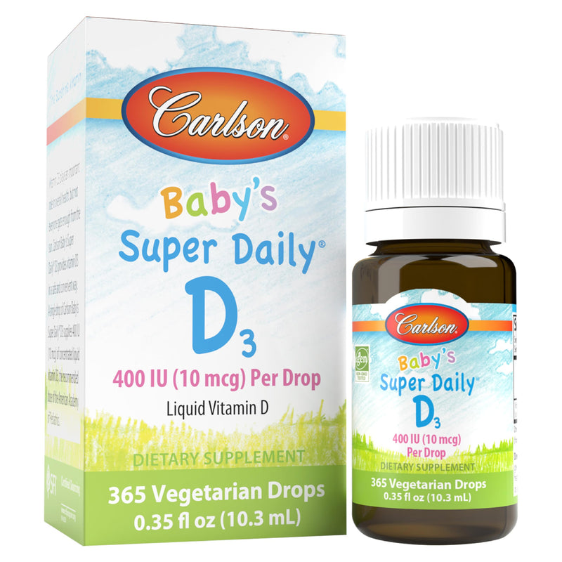 Carlson Baby's Super Daily D3, Baby Vitamin D Drops, Vegetarian, 365 Drops | Unflavored; 400 IU (10 mcg) per Drop; 1-Year Supply; Liquid Vitamin D Drops for Infants and Toddlers 0.35 Fl Oz (Pack of 1)