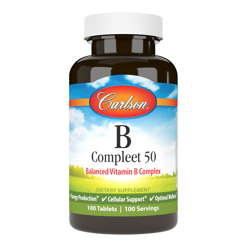 Carlson B Compleet 50, Balanced Vitamin B Complex, 100 Tablets | Energy Production; Cellular Support; Optimal Wellness