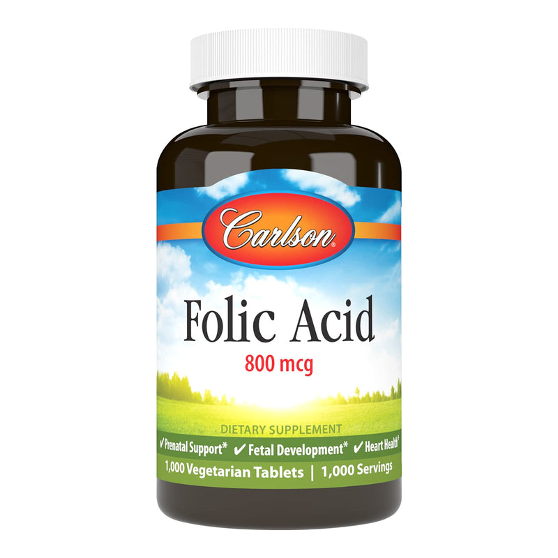 Carlson Folic Acid, 800 mcg, Prenatal Support, 1000 Tablets | Fetal Development; Important B Vitamin for Pregnant Women 1000 Count (Pack of 1)