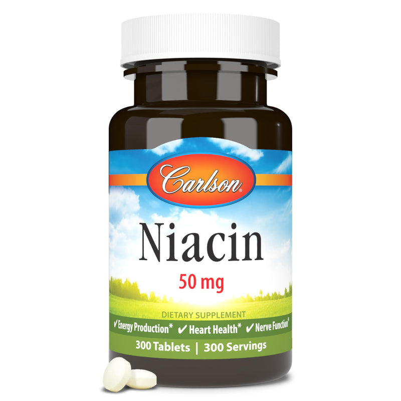 Carlson Niacin, 50 mg, Cholesterol Metabolism, Nerve Function, 300 Tablets | Energy Production Unflavored 300 Count (Pack of 1)