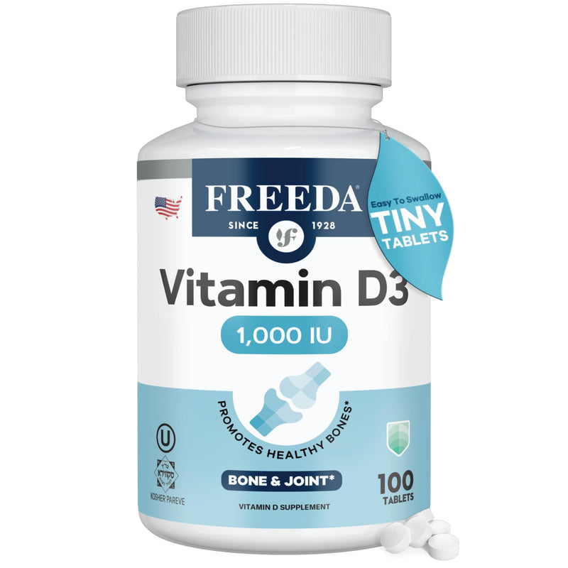 FREEDA Vitamin D3-1000 IU - Pure High Potency Kosher Supplement Tablets - Bone and Muscle Health, Calcium Absorption, Immune Support for Men and Women* - 100 Count | Supports Bone, Muscle & Immune Health – Helps Calcium Absorption – Easy-to-Swallow Tin...
