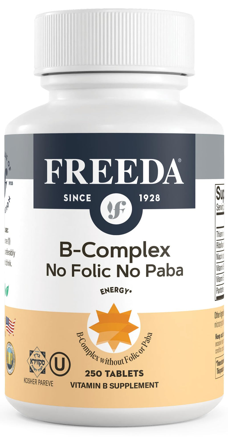 FREEDA Super B-Complex Vitamin Supplement – No Folic Acid or PABA, 250ct | Supports Energy, Metabolism, & Cellular Function – Balanced B Vitamins for Men & Women – Kosher, Vegan, Gluten-Free, USA Made 250 count