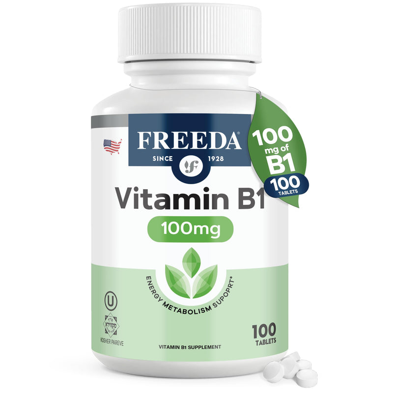Freeda Vitamin B1 Thiamine 100mg - Supports Energy Metabolism, Nervous System Health - Kosher, Vegan, Gluten Free - Thiamin HCl 100 mg Vitamin B 1 - Pure Vit B1 Vitamin Thiamine B1 Supplement (100 Ct) | Energy Metabolism & Nervous System Health Support...