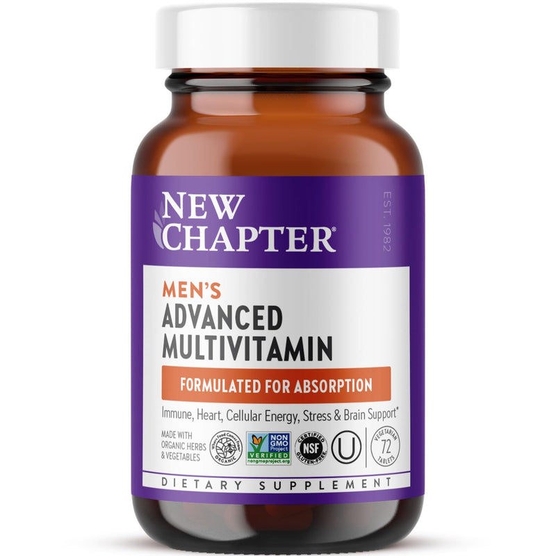 New Chapter Men's Advanced Multivitamin Formula, 72 Count | Fermented Essential Nutrients with Selenium and B Vitamins for Stress, Brain, Immune, Heart, and Energy Support 72 Count (Pack of 1)