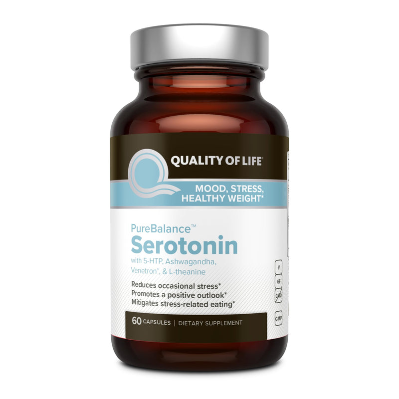 Quality of Life Pure Balance Serotonin Premium–Helps Boost Serotonin & Cortisol Levels - Includes 5-HTP, Venetron, Sensoril, Vitamin D3 & L-Theanine–60 Capsules