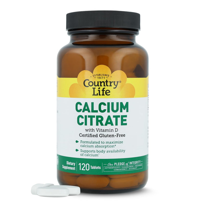 Country Life Calcium Citrate with Vitamin D, 500mg, 120 Tablets | Formulated to maximize calcium absorption*, Supports body availability of calcium*, Vegan, Gluten-Free, Halal & Kosher Parve 120 Count (Pack of 1)