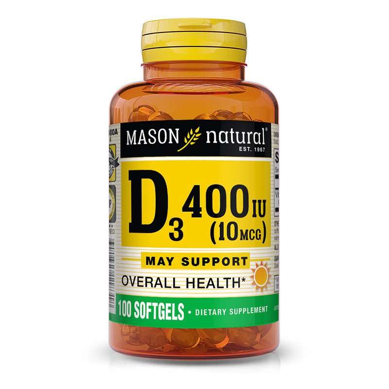 MASON NATURAL Vitamin D3 10 mcg (400 IU) - Supports Overall Health, Strengthens Bones and Muscles, 100 Softgels 100 Count (Pack of 1) 400 IU
