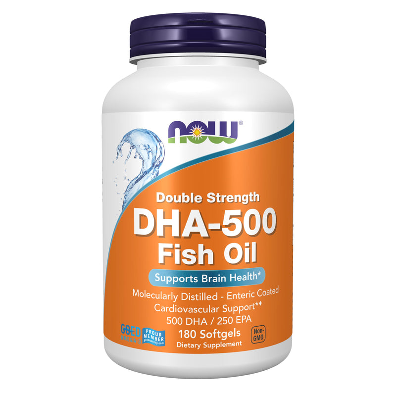 NOW Foods Supplements, DHA-500 with 250 EPA, Molecularly Distilled, Supports Brain Health*, 180 Softgels 180 Count (Pack of 1)