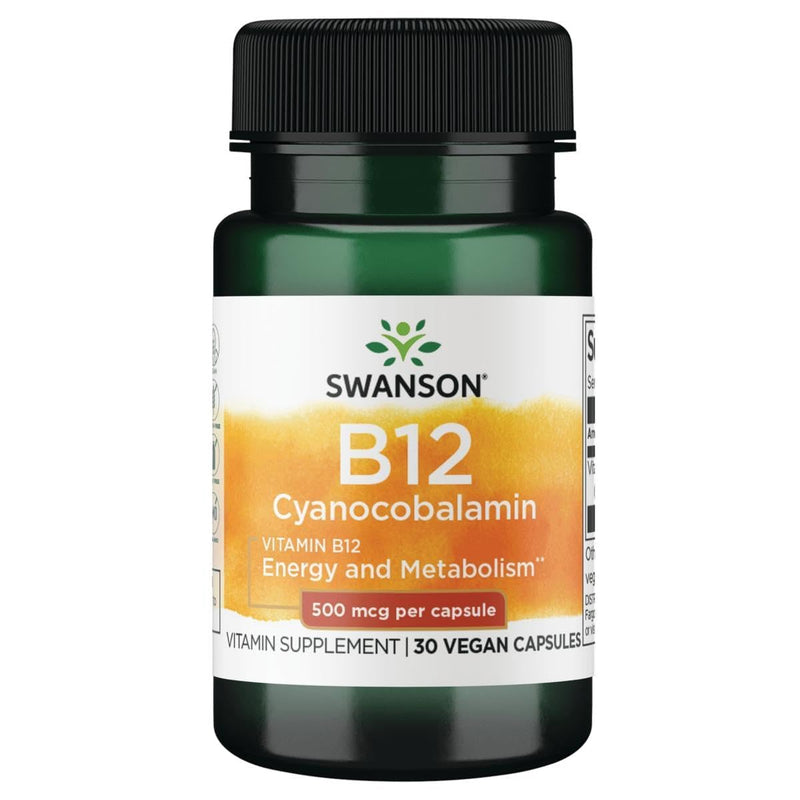 Swanson Vitamin B-12 500 mcg 30 Capsules | Important for Energy Production, Metabolic Health, and Red Blood Cell Production, Supports Cardiovascular Health 30 Count (Pack of 1)