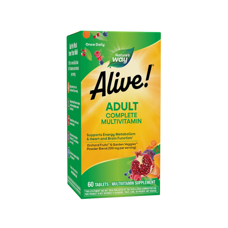 Nature's Way Alive! Adult Complete Multivitamin, B-Vitamins, 100 mg Fruits & Veggies Powder Blend per Serving, Heart, Bone & Immune Support*, Gluten Free, 60 Tablets (Packaging May Vary)
