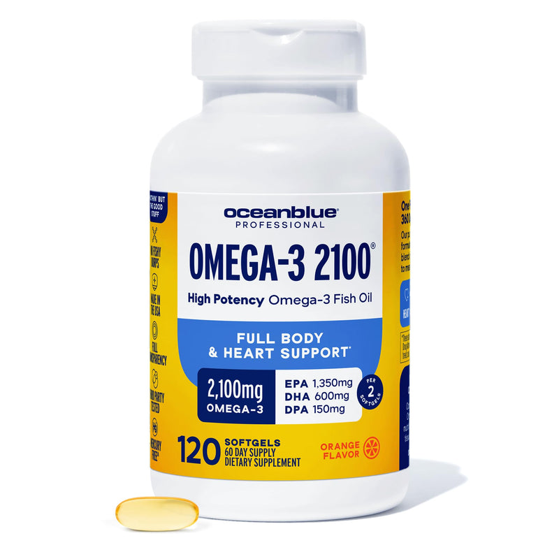 Oceanblue Professional Omega-3 2100 – Triple Strength DPA EPA DHA Omega 3 Supplement – High Potency Burpless Wild Caught Fish Oil – Orange Flavor, 120 Softgels (60 Servings) 120 Count (Pack of 1)