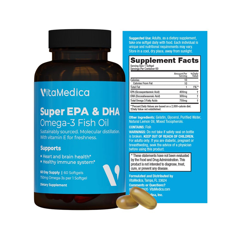 VitaMedica Super EPA/DHA Fish Oil, 750mg Omega-3-60 Servings | High-Potency Essential Fatty Acids, Heart Health, Brain Health & Immune System Support