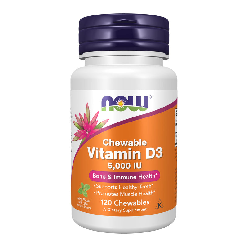 NOW Foods Supplements, Vitamin D-3 5,000 IU, Natural Mint Flavor, Structural Support*, 120 Chewables 120 Count (Pack of 1)
