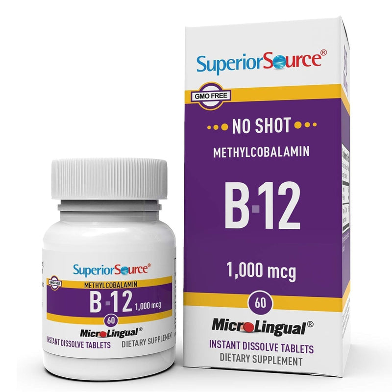 Superior Source No Shot Methylcobalamin B-12 1,000 mcg - Vitamin B-12 to Support Energy Production, Brain Health & Overall Wellness - Sublingual Tablets for Rapid Absorption - 60 Dissolving Tablets Vitamin B12 1,000mcg