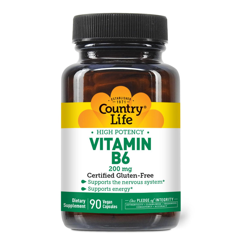 Country Life Vitamin B6 200 mg, High Potency, 90 Vegan Capsules | Supports energy metabolism and nervous system function in once-daily gluten-free and kosher formula B-6 Unflavored 90 Count (Pack of 1)