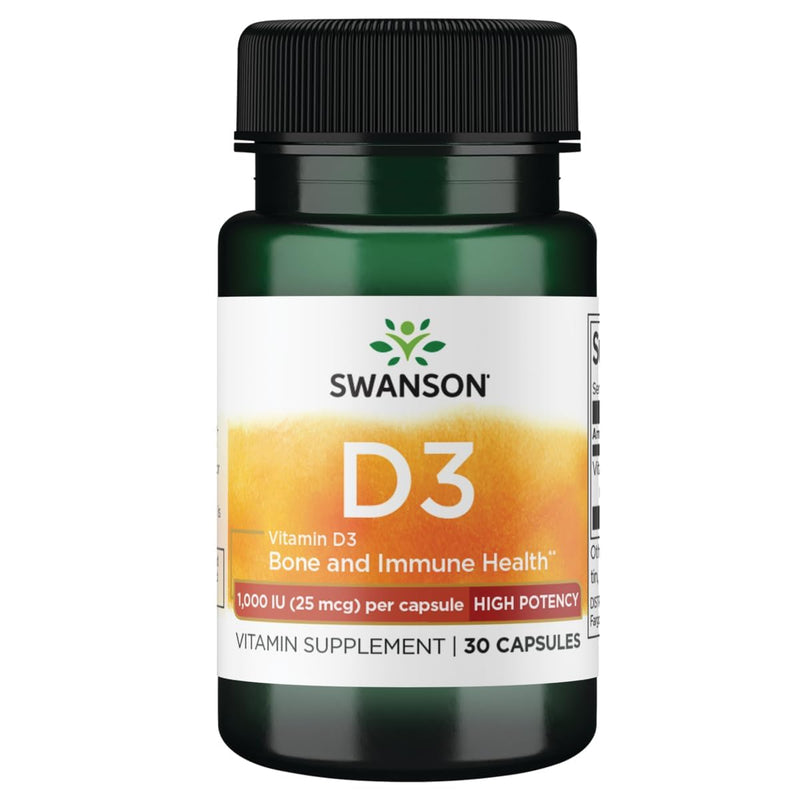 Swanson High Potency Vitamin D-3 1000 Iu (25 mcg) 30 Capsules | Supports Bone Health Plus Immune and Cardiovascular Wellness; Most Biologically Active Form of Vitamin D 30 Count (Pack of 1)