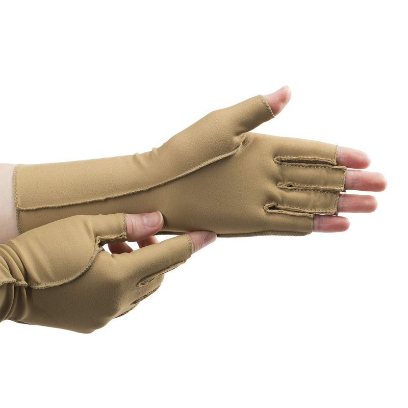 isotoner Women & Men Arthritis Compression Rheumatoid Pain Relief Gloves for joint support with Open/Full finger design Camel X-Small Fingerless