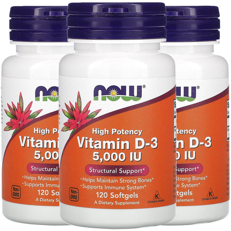 NOW Foods Now Supplements, Vitamin D-3 5,000 IU, High Potency, Structural Support*, 120 Softgels (3 Pack) 360 Count (Pack of 1)