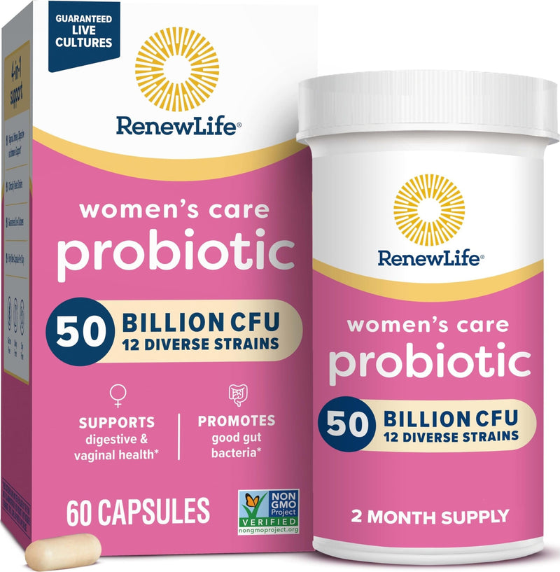 Renew Life Women's Care Probiotic 50 Billion CFU | 60 Vegetarian Capsules | Supports Vaginal pH, Urinary, Digestive & Immune Health | Dairy, Soy and Gluten Free 60 Count (Pack of 1) Nutritional Supplement