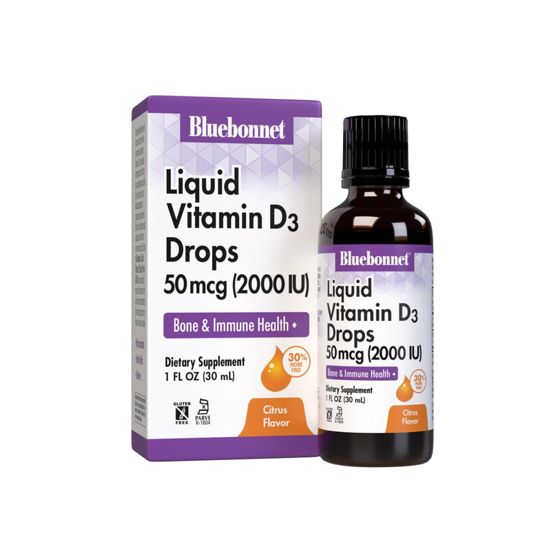 Bluebonnet Vitamin D3 2000IU 50mcg Strong Bones & Immune Support Supplement - Liquid Vitamins for Women & Men - Lanolin Vit D Drops with MCT Oil - Non-GMO, Vegetarian - Citrus Flavor - 1 Fl Oz | Non-GMO, Vegetarian