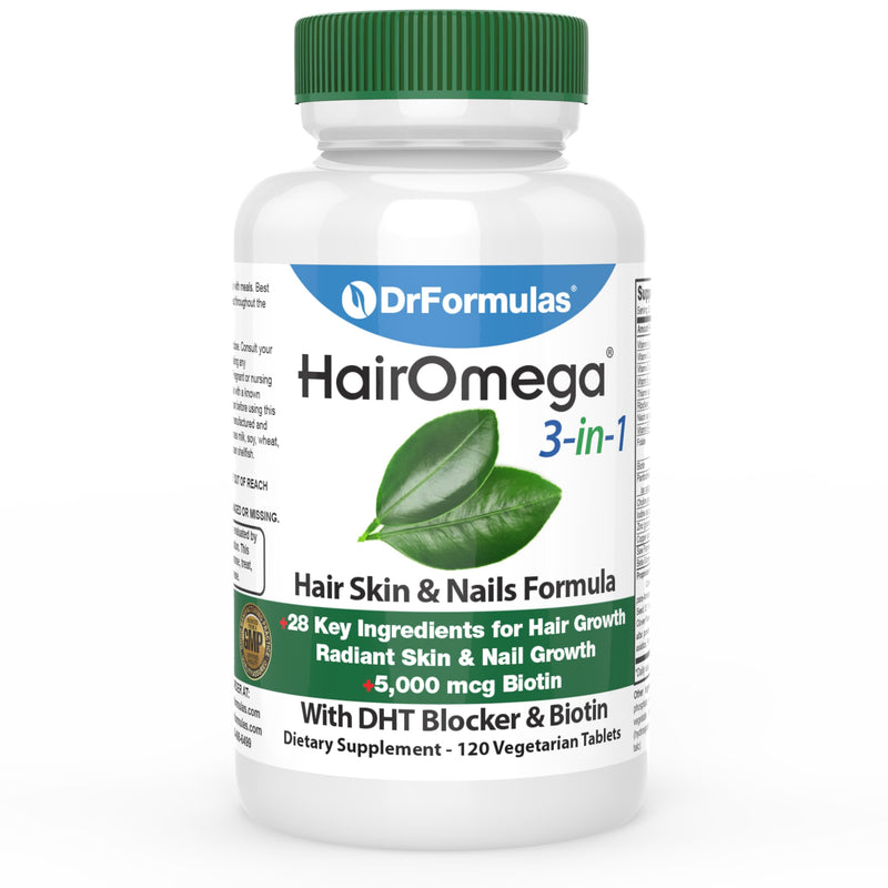 DrFormulas HairOmega 3-in-1 Hair Growth Vitamins with DHT Blocker, Biotin for Women & Men | Hair Skin and Nails Supplement for Hair Loss, 120 Pills 120 Count (Pack of 1)