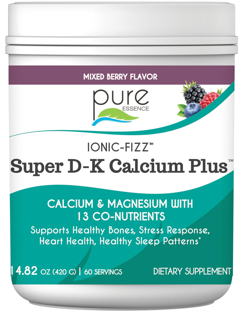 Ionic Fizz Super D-K Calcium Plus by Pure Essence - with Extra Magnesium, Vitamin D3, Vitamin K2 for Strong Bones and Stress Support - Mixed Berry - 14.82oz 14.82 Ounce (Pack of 1)