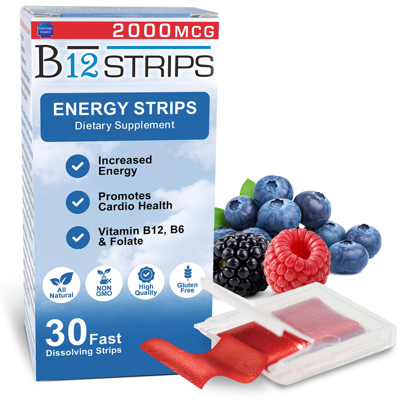Essential Source B12 Methylcobalamin 2000mcg Energy Strips, 30 Strips | Sublingual B12 Vitamins With Biotin, B6, 5-MTHF L-methylfolate, Support Nerve Function, Clean Energy Boost, Organic Folate 30 Count (Pack of 1)
