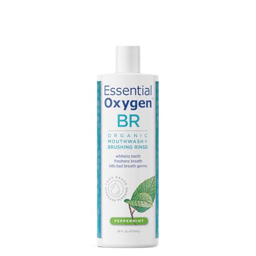 Essential Oxygen Certified BR Organic Brushing Rinse, All Natural Mouthwash for Whiter Teeth, Fresher Breath, and Happier Gums, Alcohol-Free Oral Care, Peppermint, 16 Ounce, Package may vary 16 Fl Oz (Pack of 1)