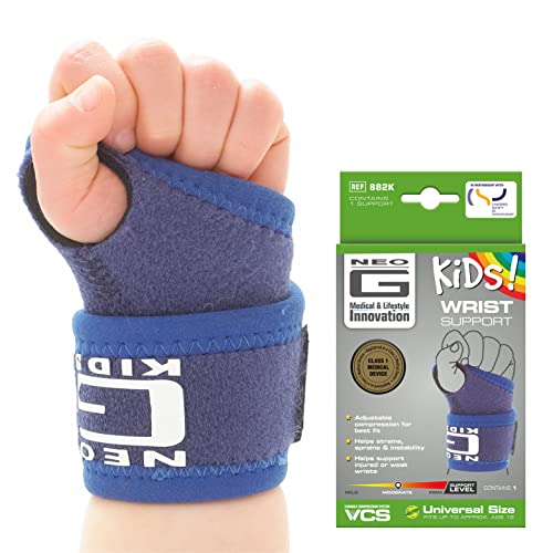 NEO-G Wrist Brace for Kids – Wrist Support For Juvenile Arthritis, Joint Pain, Hand Sprains, Strains from Sports, Gymnastics, Tennis - Adjustable Compression - Class 1 Medical Device – One Size - Blue