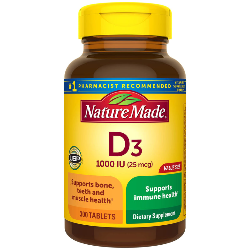 Nature Made Vitamin D3 1000 IU (25 mcg), Dietary Supplement for Bone, Teeth, Muscle and Immune Health Support, 300 Tablets, 300 Day Supply 300 Count (Pack of 1) - BeesActive Australia