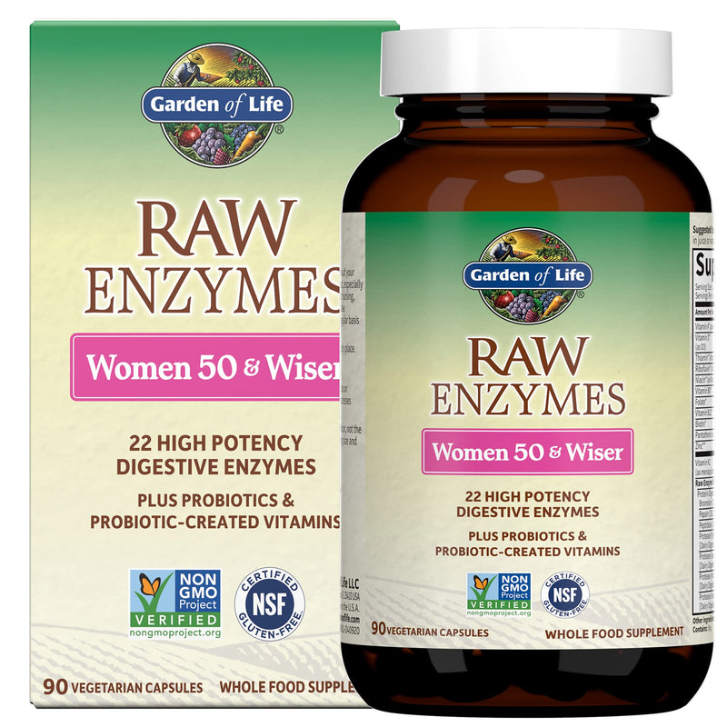 Garden of Life 22 Digestive Enzymes for Women 50 & Over with Bromelain, Papain & Lactase plus Probiotics & Vitamins B12, Biotin & Zinc – RAW Enzymes – Non-GMO, Gluten-Free, Vegetarian, 90 capsules | Digestive Enzymes for Women with Probiotics, Bromelai...