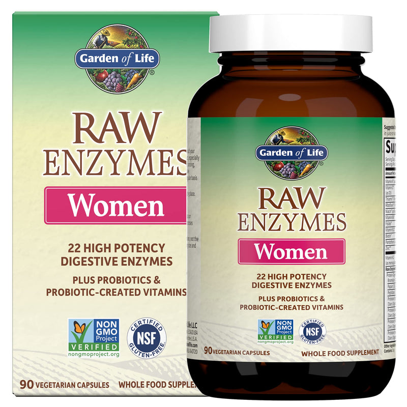 Garden of Life 22 Digestive Enzymes for Women with Bromelain, Papain, Lipase & Lactase plus Probiotics & Vitamins B12, Biotin & Zinc – RAW Enzymes – Non-GMO, Gluten-Free, Vegetarian, 90 capsules