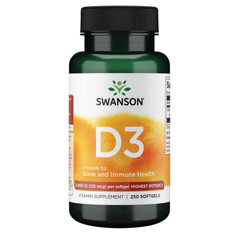 Swanson Vitamin D3 5,000 IU, 125 mcg Cholecalciferol, 250 Softgels | For Sun-Deprived Adults Seeking Bone, Immune, and Heart Support, 125 mcg Cholecalciferol, the Active Vitamin D3 250 Count (Pack of 1)