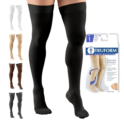 Truform 20-30 mmHg Compression Stockings for Men and Women, Thigh High Length, Dot Top, Closed Toe, Black, Medium Medium (1 Pair)