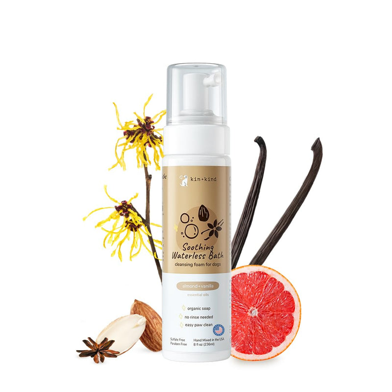 kin+kind Waterless Dry Shampoo for Dogs - Rinse-Free, Eliminate Itch and Odor, Natural Formula with Witch Hazel, Coconut Oil, Olive Oil, Almond and Vanilla - Made in USA Almond+Vanilla - PawsPlanet Australia