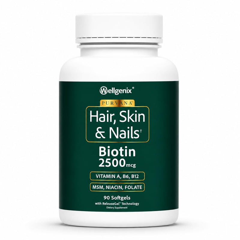 Wellgenix Purvana Hair Skin and Nails Supplement – 2500mcg Biotin Softgels with MSM & B-Complex – Daily Beauty Support for Stronger Nails & Hair Vitality – 90 Softgels | MSM, alpha lipoic acid & grape seed softgels for thicker-looking hair, stronger-lo...