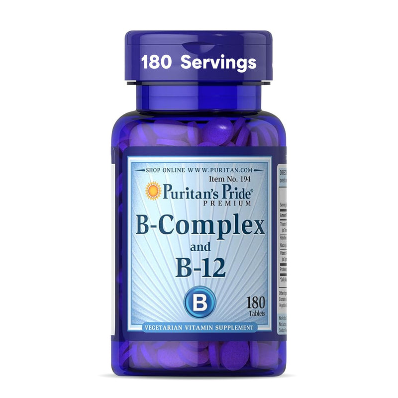 Puritan's Pride Premium Vitamin B-Complex and Vitamin B-12, 180 Tablets | Vegetarian Dietary Supplement for Cellular Energy Production, Maintains Health of Skin and Nerve Support