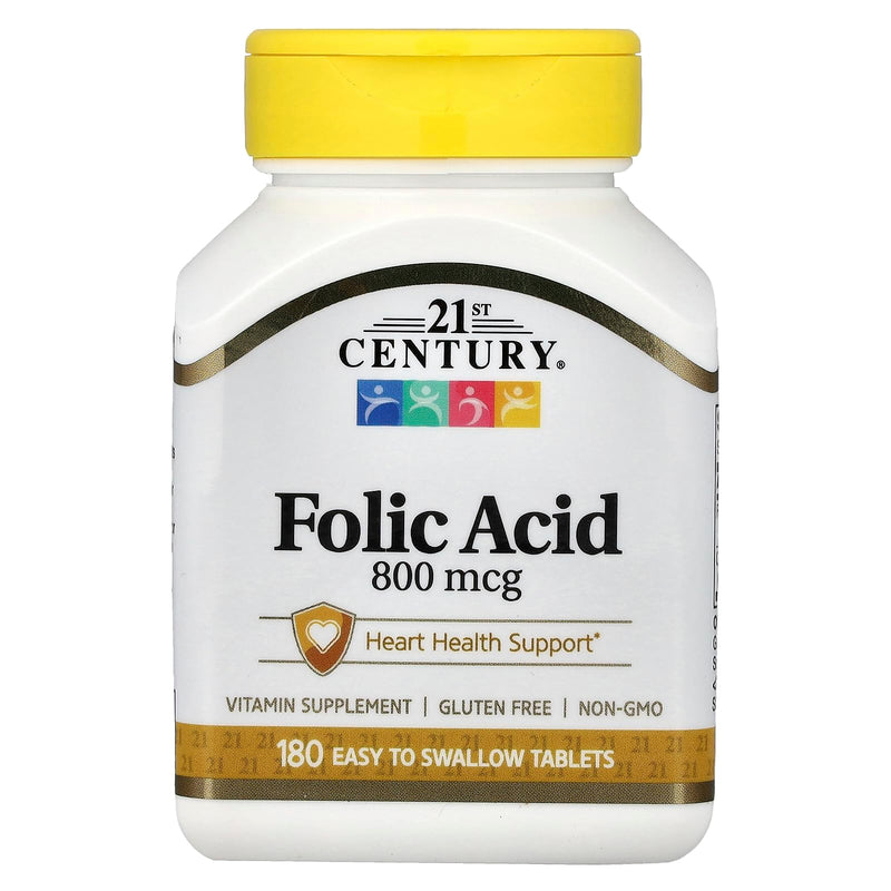 21st Century Folic Acid 800mcg Tablets, Heart Health, 180 Count | Folic Acid 800 mcg, An Essential B Vitamin, Heart Health & Prenatal Support, Easy-To-Swallow Tablets, No Sugar, 180 Count Unflavored 180 Count (Pack of 1)