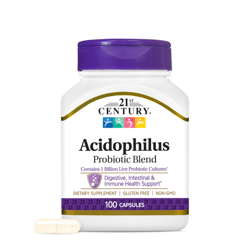 21st Century Acidophilus Probiotic Blend Capsules, 100 Count | Daily Probiotic with Lactobacillus Acidophilus & Inulin Prebiotic, Digestive & Immune Health Support, Everyday Gut Balance 1