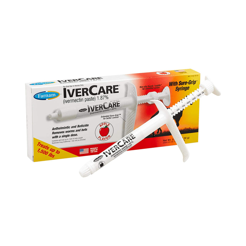 Farnam IverCare (ivermectin paste) 1.87%, Anthelmintic and Boticide, Treats Horses Up to 1500 lbs, Easy-To-Use Sure-Grip Syringe, Red Apple Flavor