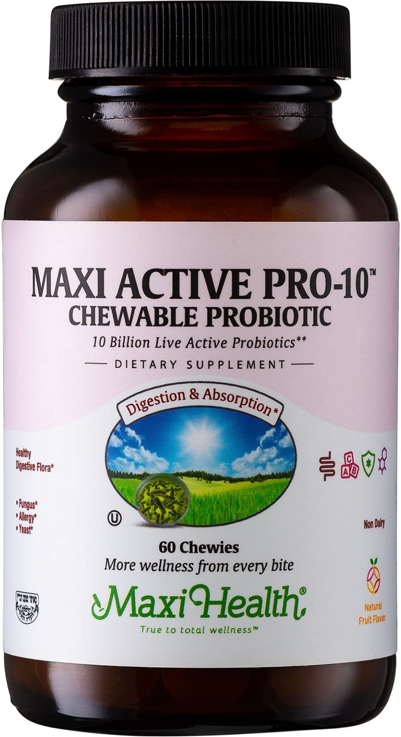 Maxi Health® Probiotics for Kids, 10 Billion CFU (60 Count) | Kosher | 15-Strain Kids Probiotic | Fruit Punch Chewables for Digestive Health | Vegetarian · Non-GMO | Doctor Formulated 60 Count (Pack of 1)