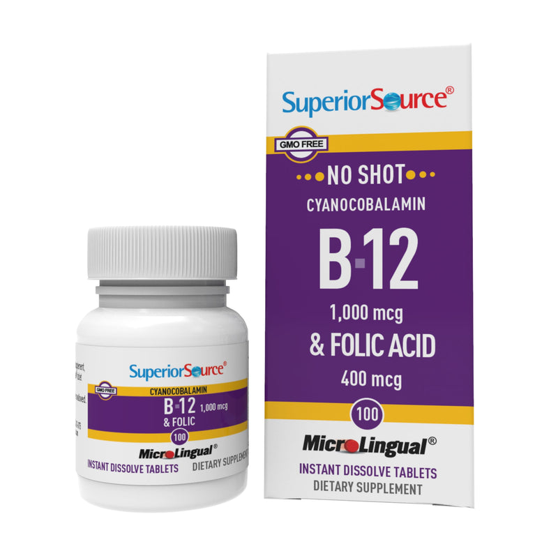 Superior Source No Shot Vitamin B-12 Cyanocobalamin 1000 mcg & Folic Acid 400 mcg - Offers Energy, Heart, Brain, & Stress Support - 100 Sublingual Dissolving Tablets 100 Count (Pack of 1)