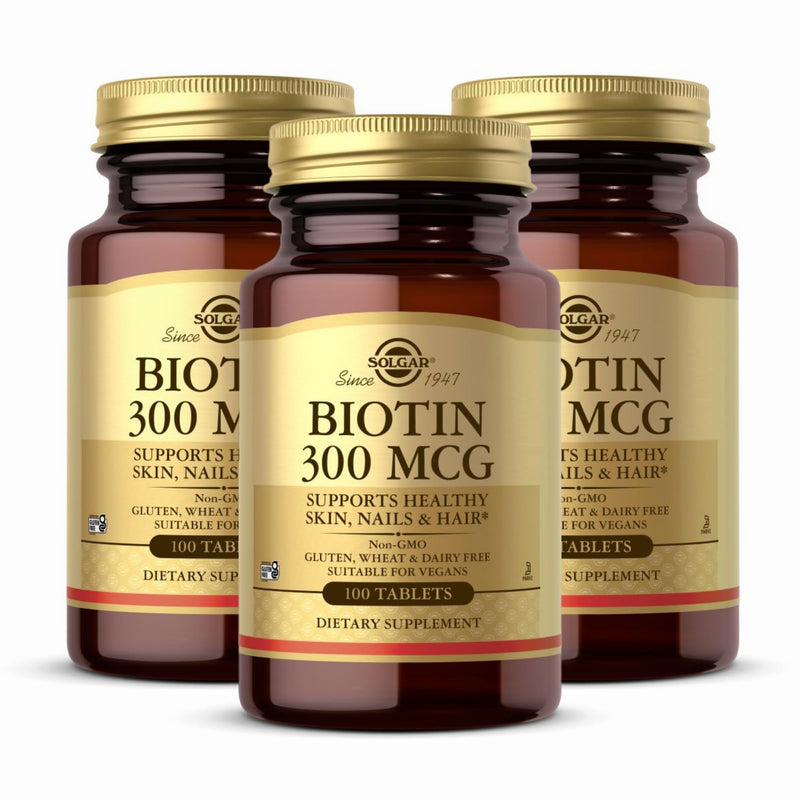 Solgar Biotin 300 mcg - 100 Tablets, Pack of 3 - Supports Healthy Skin, Nails & Hair - Non-GMO, Vegan, Gluten Free, Dairy Free, Kosher, Halal - 300 Total Servings 300 Count (Pack of 1)