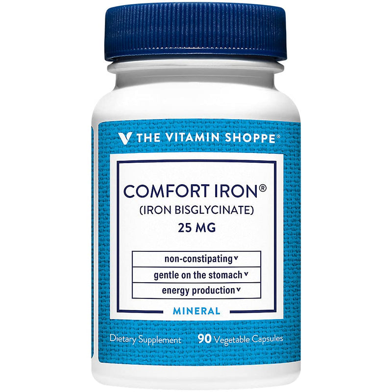 The Vitamin Shoppe Comfort Iron 25 MG, Iron Bisglycinate, 90 Capsules | 25 MG Iron as Gentle Ferrous Bisglycinate to Support Red Blood Cell Production, Energy, and Oxygen Transport 1 Count (Pack of 1)